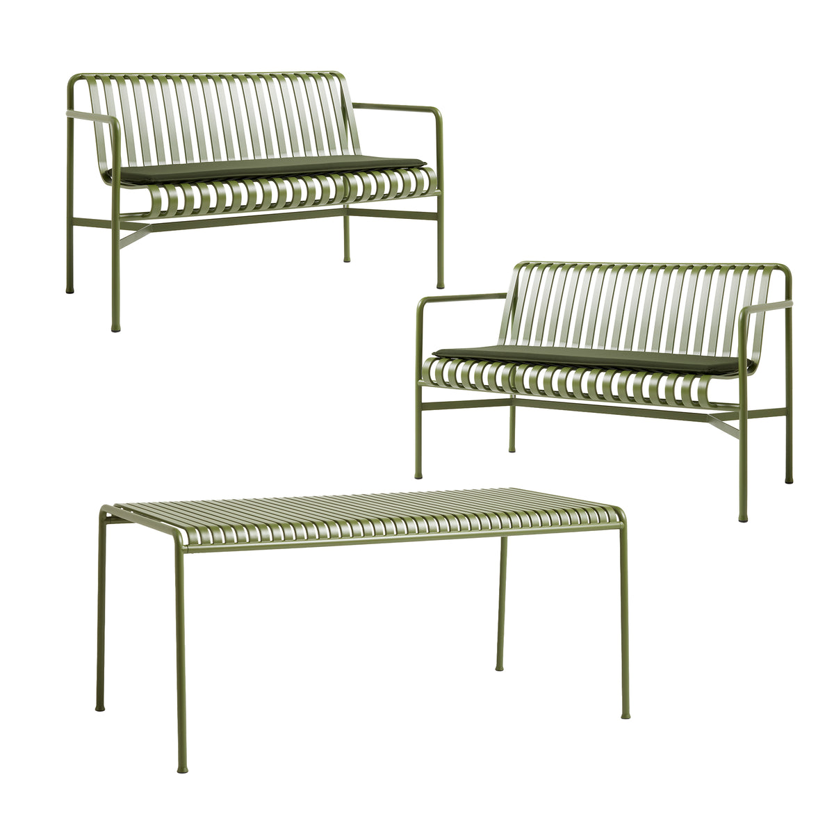 HAY - Palissade Tisch + 2x Dining Bench mit Sitzkissen | olive