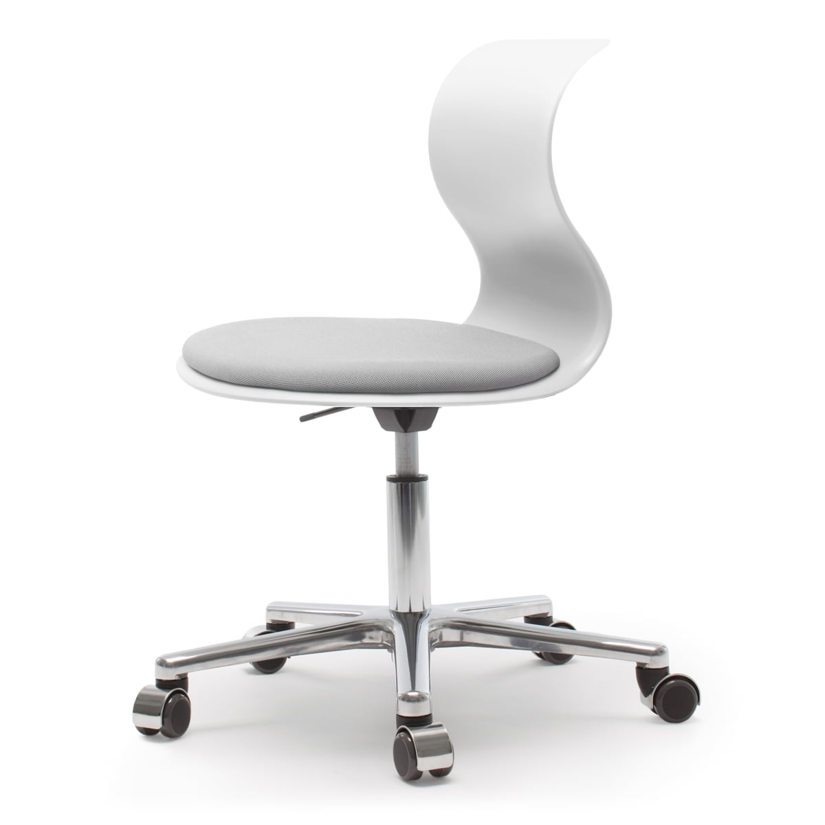 Flötotto - Pro 6 fauteuil pivotant avec revêtement d'assise gris granit Nexus UNY 01, aluminium poli / blanc neige, roulettes souples (avec revêtement poli)